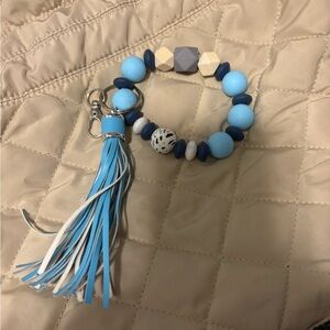 Blue and White Beaded Keychain with Tassel